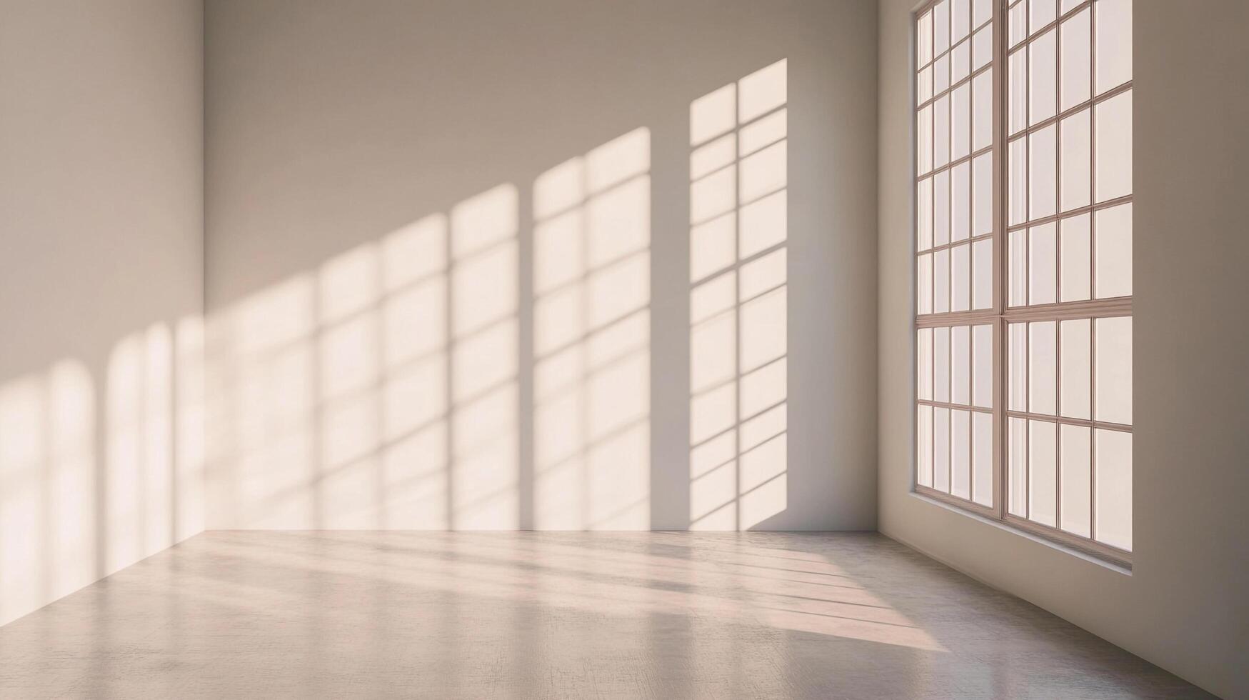 Sunlight streams through a grid window into an empty room, casting shadows on walls and floor, highlighting the space's simplicity. photo