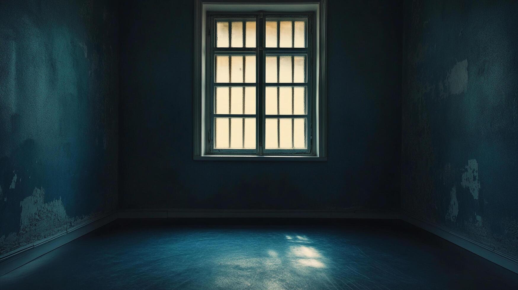 An aged room is dimly lit by sunlight streaming through the barred window, creating a sense of isolation and faded grandeur. photo