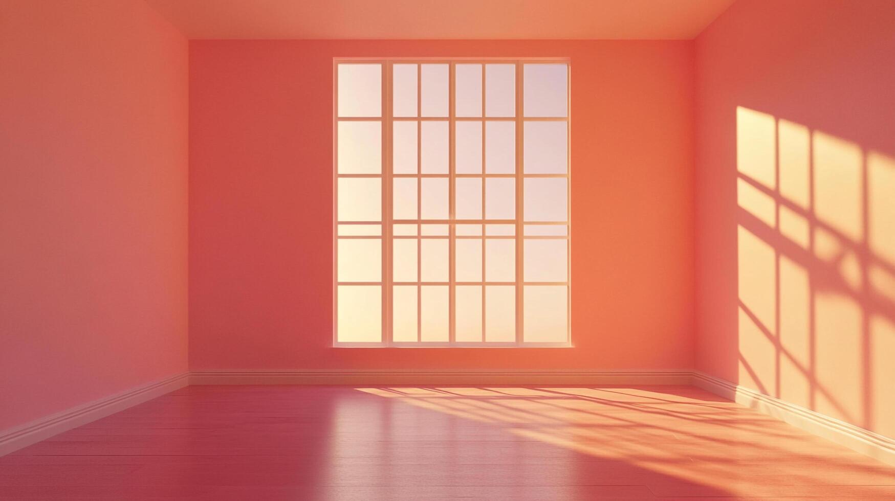 Sunlit room with a large window. The walls are a soft orange hue, and the sunlight casts geometric shadows on the wall and wooden floor. photo