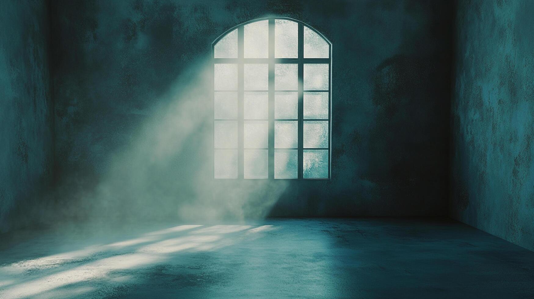 Light streams through a frosted window into an empty blue room creating a moody, atmospheric ambiance. Rays cut across dust. photo