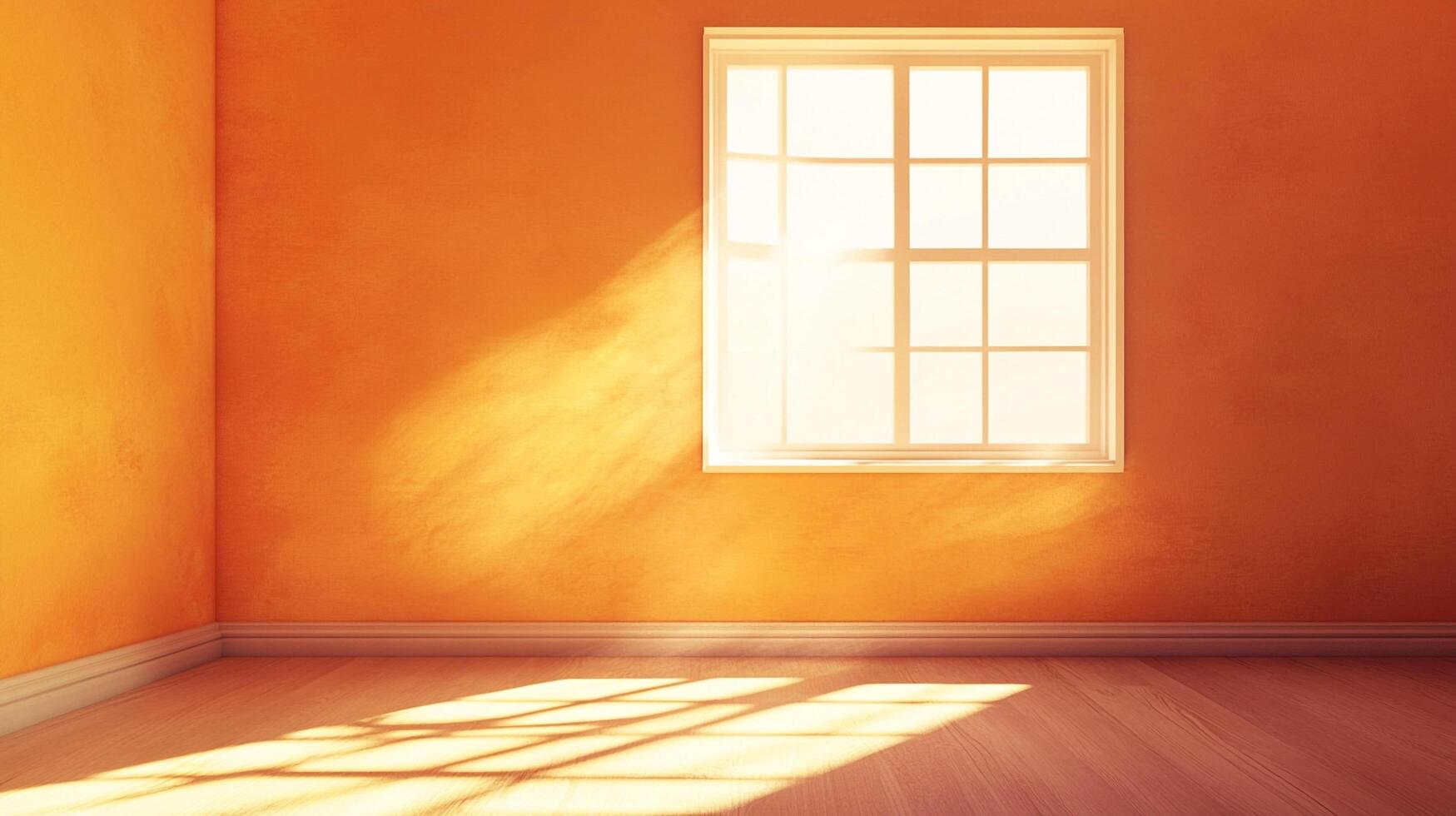 Sunlit room with orange walls and hardwood floor. Window lets bright sunlight in, casting light and shadow patterns on the wooden floor. photo