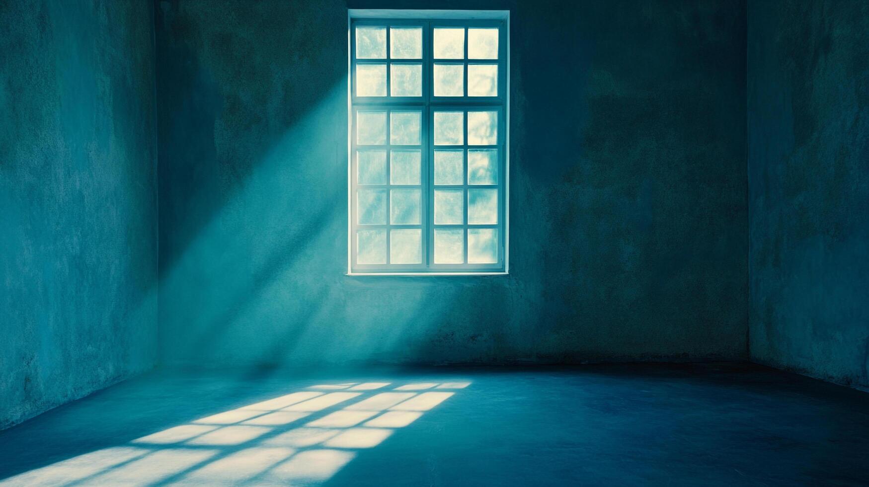 Sunlight streams through a paneled window, casting a bright light over a dim room, creating a contrast between light and dark. photo