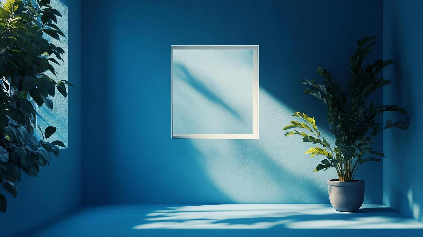 Minimalist blue room featuring a framed empty canvas on the wall, complemented by indoor plants and soft, diffused sunlight. photo