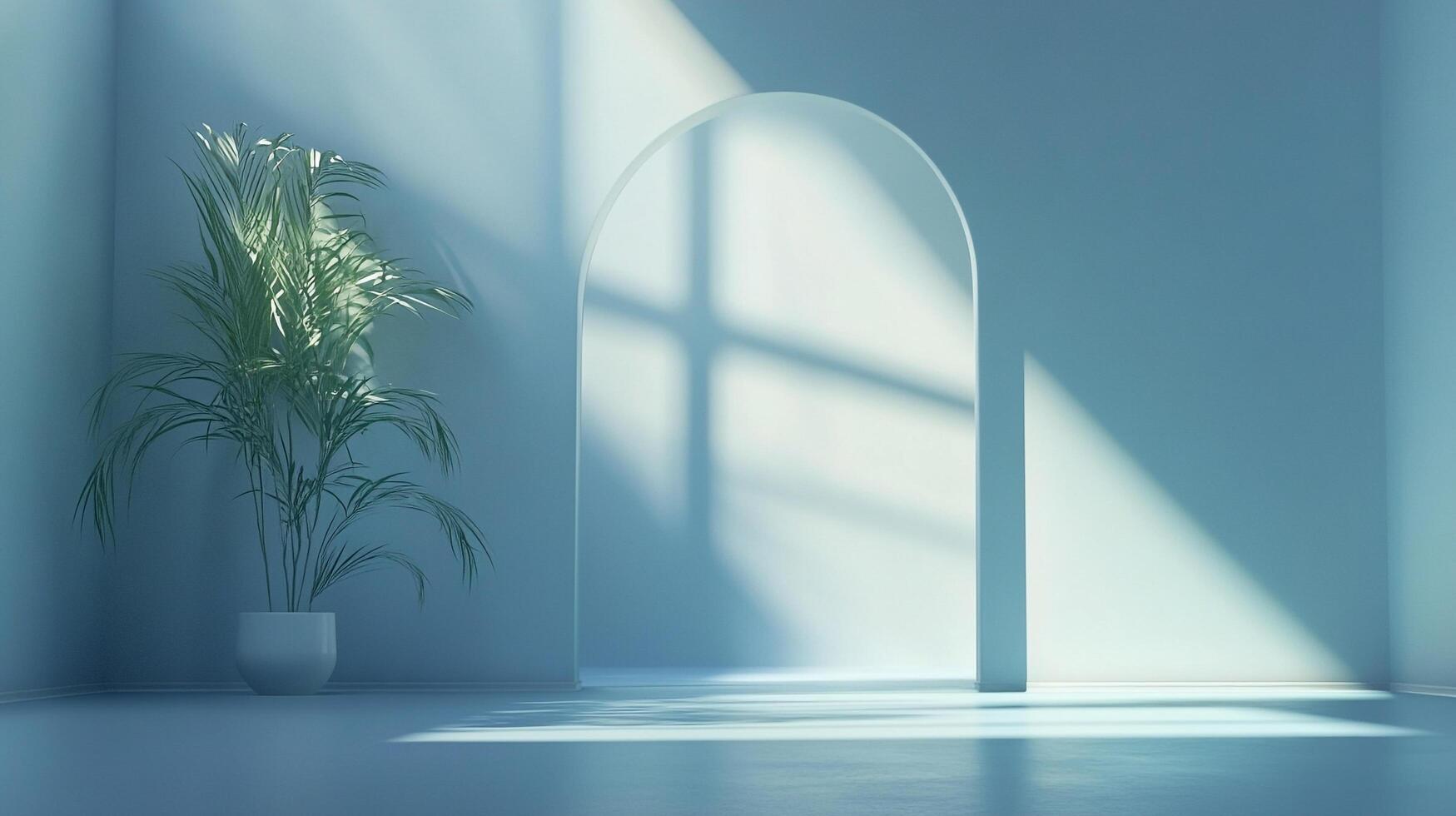 Minimalist interior bathed in light, featuring an archway casting shadows and a potted plant adding a touch of nature to the serene space. photo