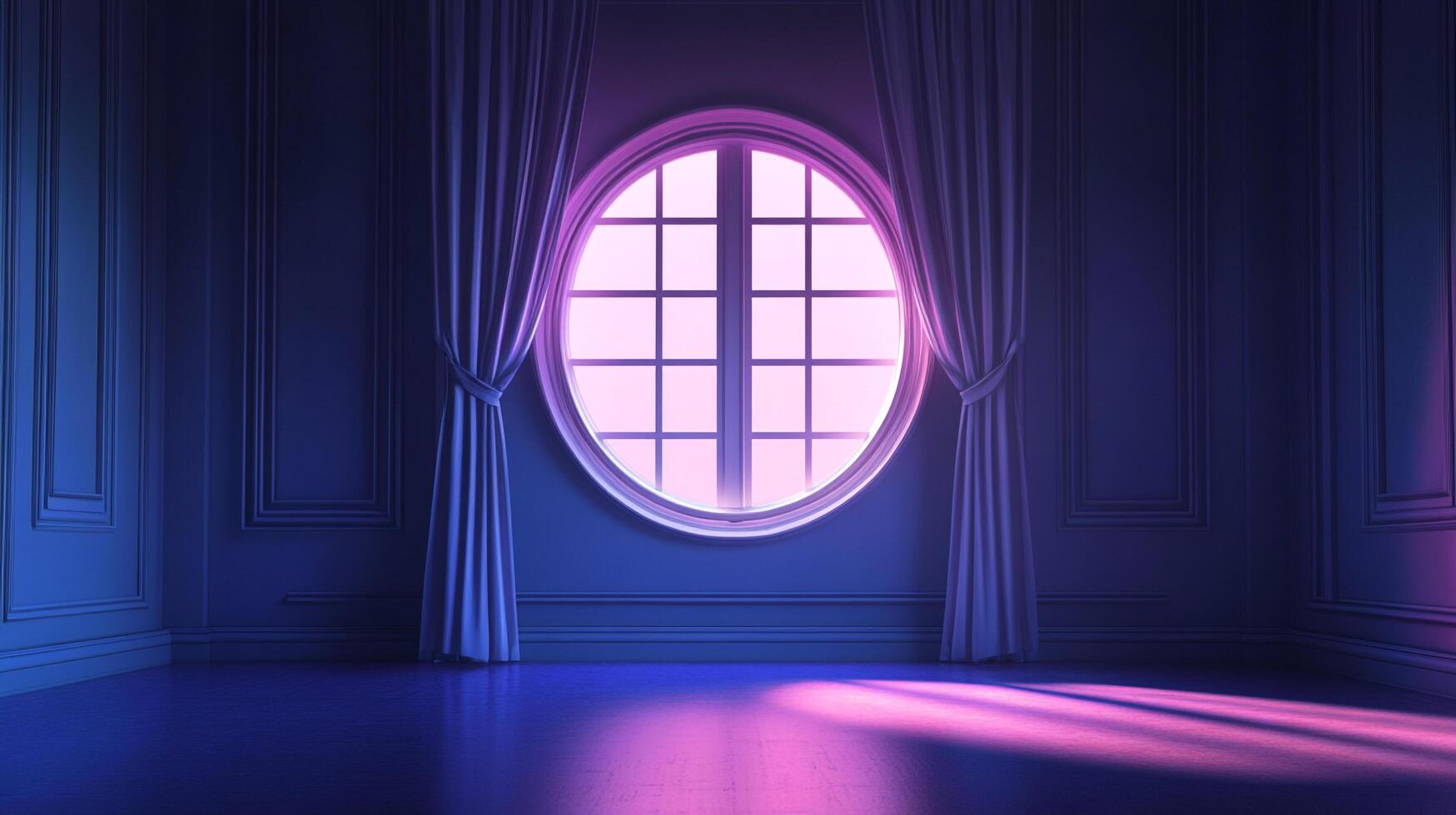 An oval window emits bright light into an empty blue room with matching curtains. The light casts a pink glow across the space. photo