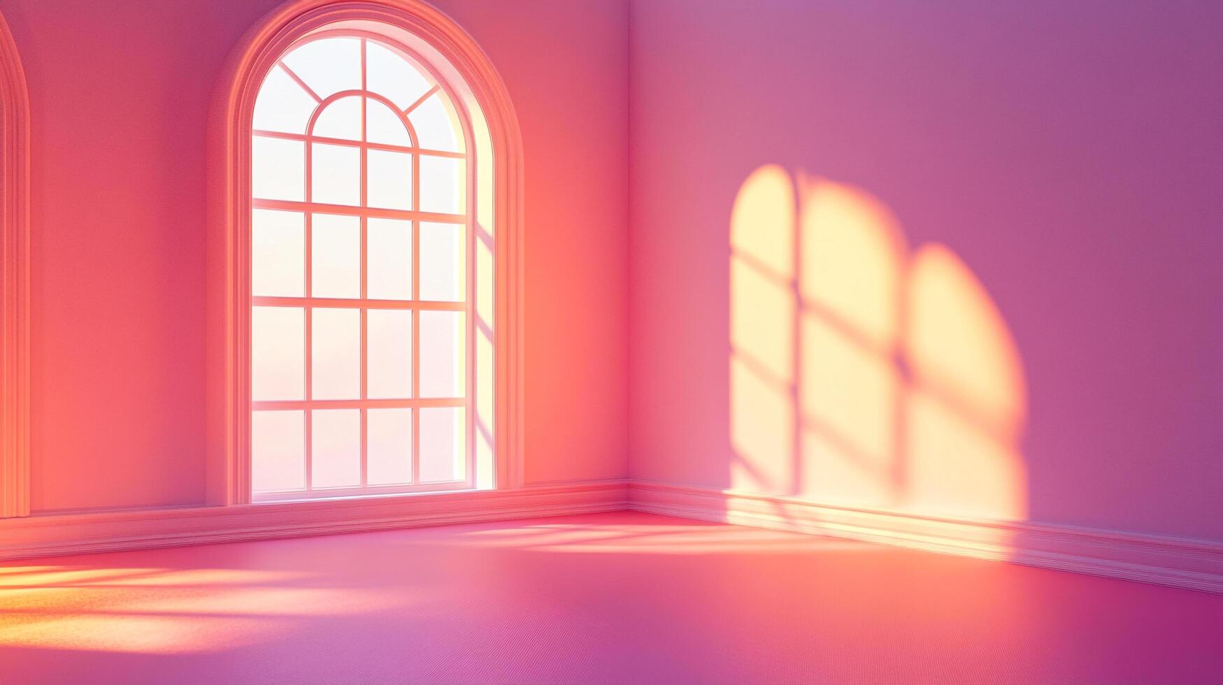 An empty room bathed in soft, warm light streaming through an arched window, creating inviting shadows against blush-toned walls and floor. photo