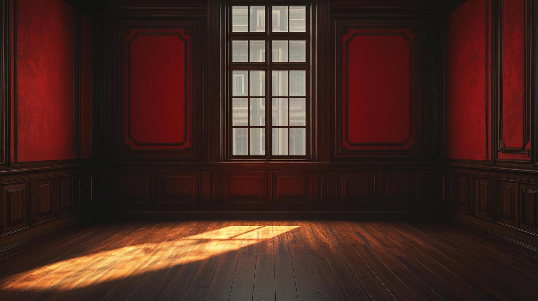 Empty room bathed in sunlight, featuring dark wood paneling and rich red textured walls, evoking a sense of classic elegance and tranquility. photo