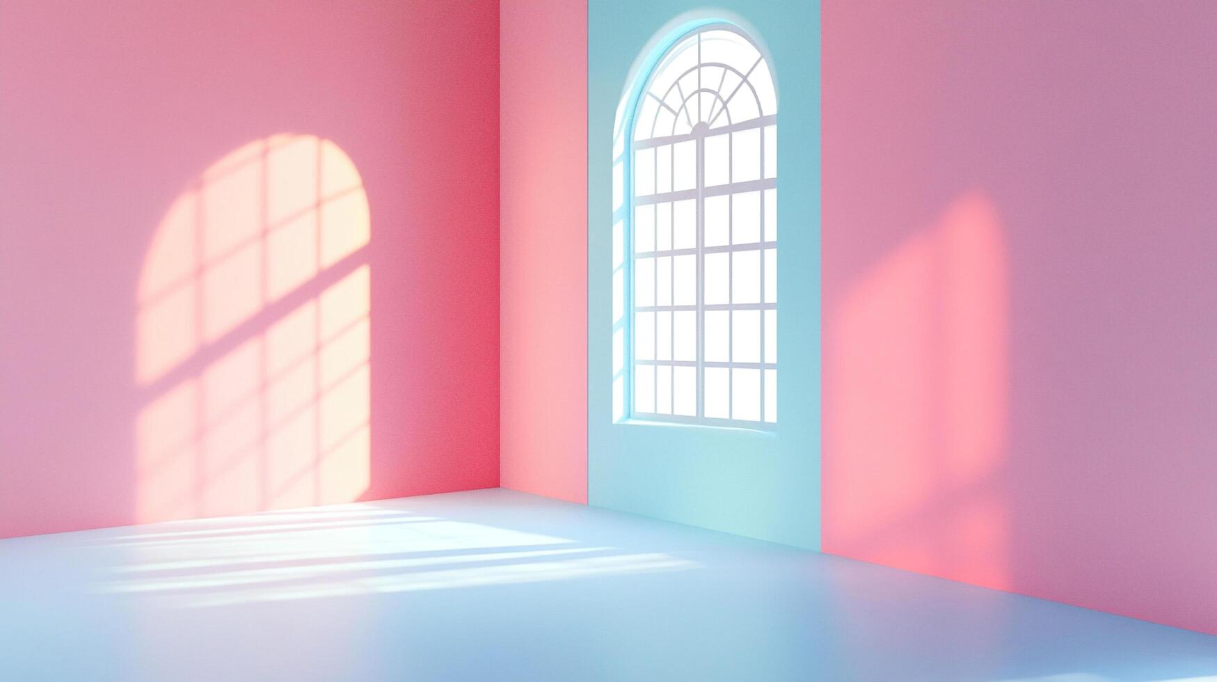 Sunlight streams through a gridded window casting abstract patterns on the pink walls of a room with a soothing blue floor. photo