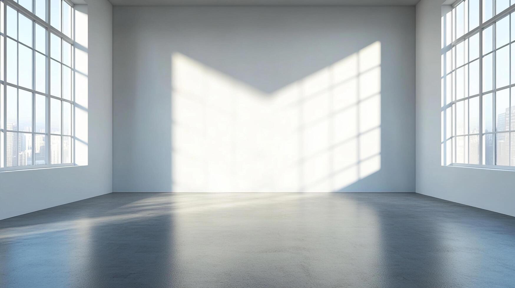Bright spacious loft with a polished concrete floor, white walls and large grid windows that cast graphic shadows across the room. photo
