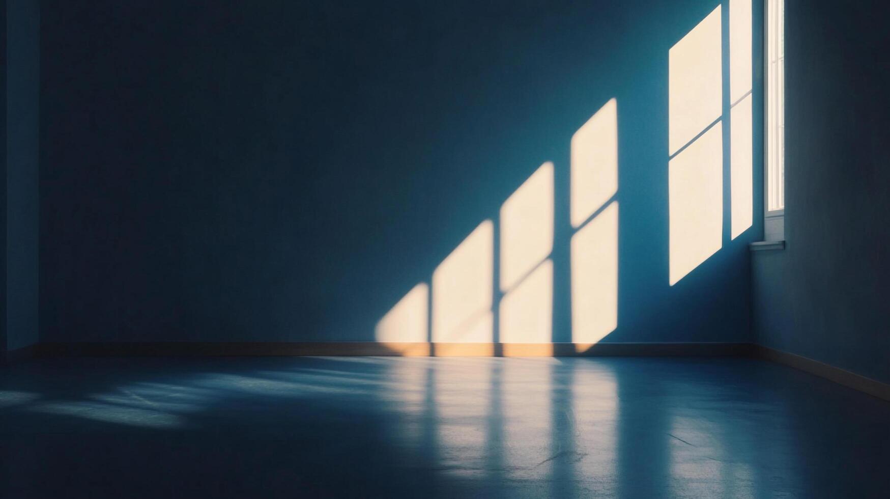 Sunlight streams into an empty room, creating a dramatic play of light and shadow on the blue wall and glossy floor, light coming from a window. photo