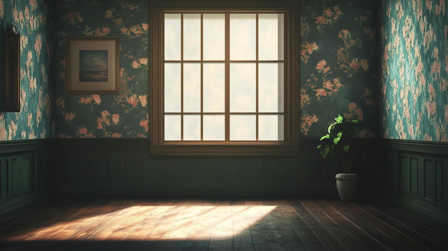 Vintage room with hardwood floors and floral wallpaper, sunlight streams in through a large window, casting light patterns. photo