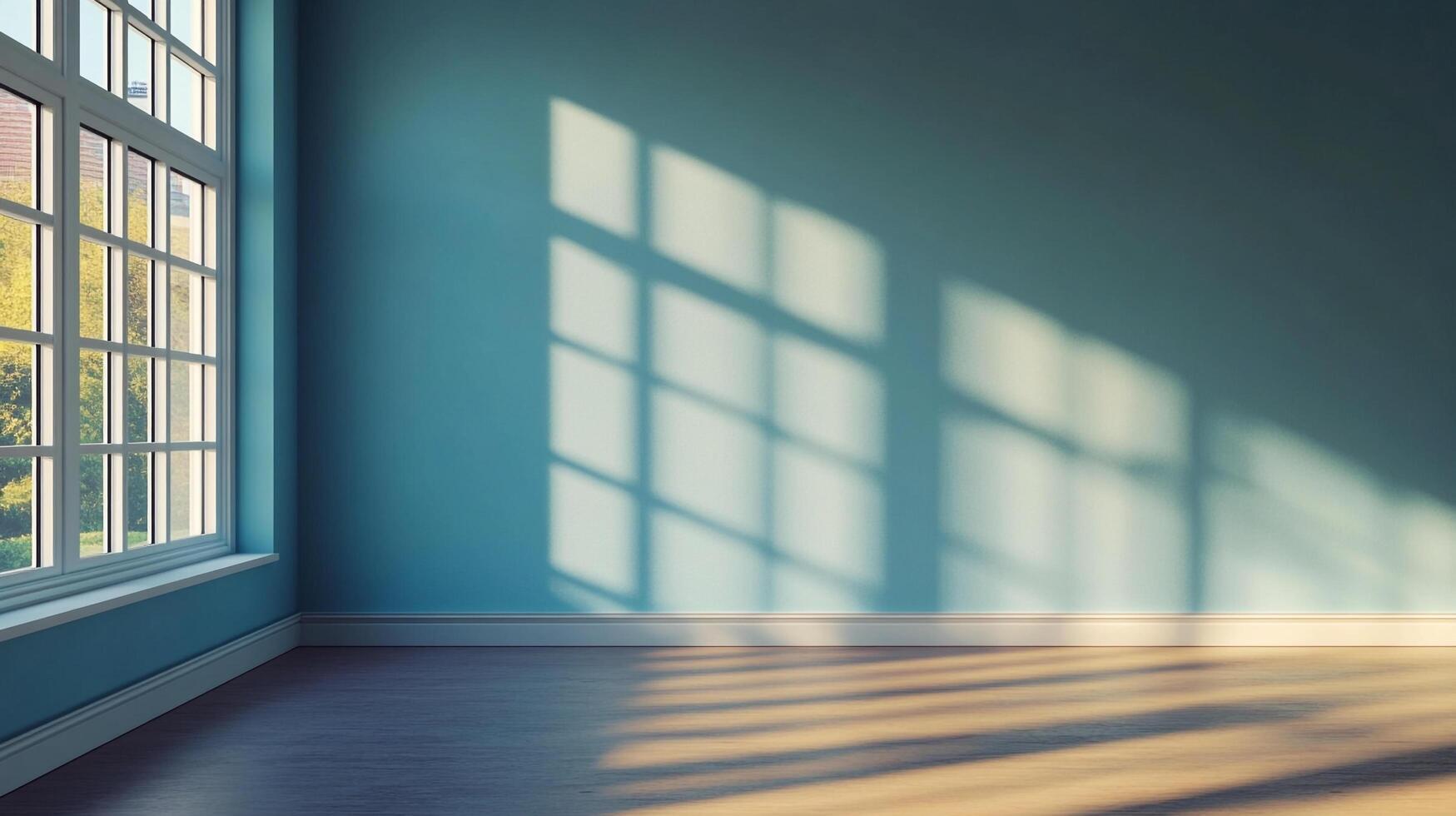 Sunlight streams into an empty blue room through a large multi-pane window, casting patterns on the wall and floor, light and shadow interplay. photo