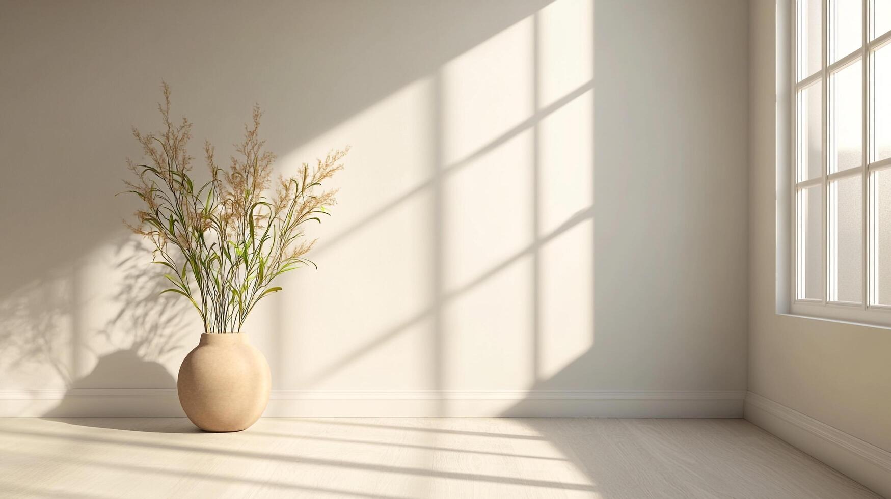 Sun-drenched room showcases vase with grasses, casting shadows on a bright interior scene with light flooring and window. photo
