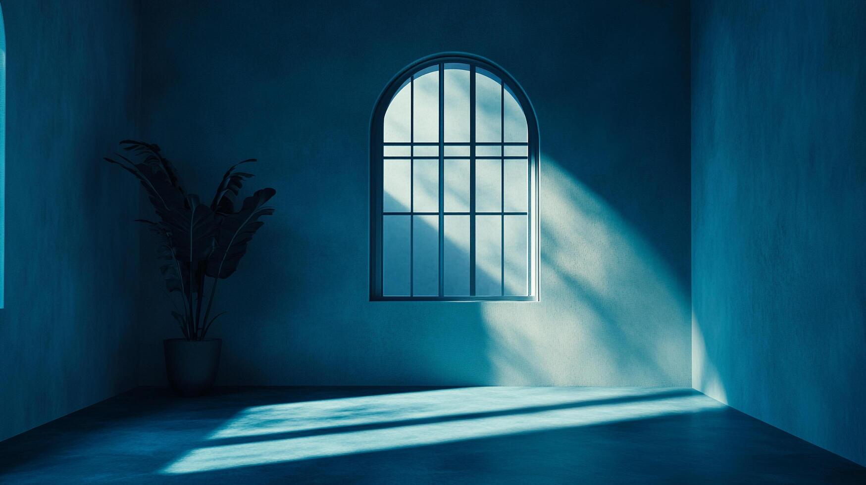 Sunlight streams through an arched window in a minimalist room, creating a serene and peaceful atmosphere with shadows and potted plant. photo