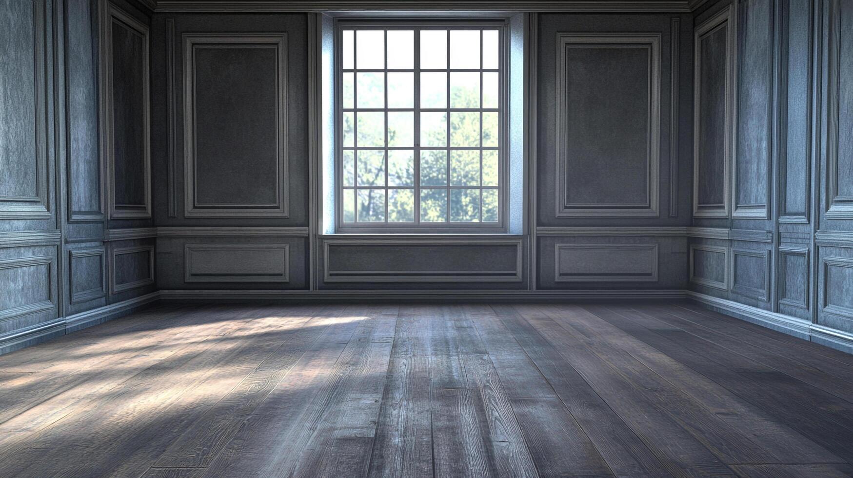 An empty room with dark gray walls, paneled wainscoting, a large window, and sunlight streaming onto the wooden floor. photo