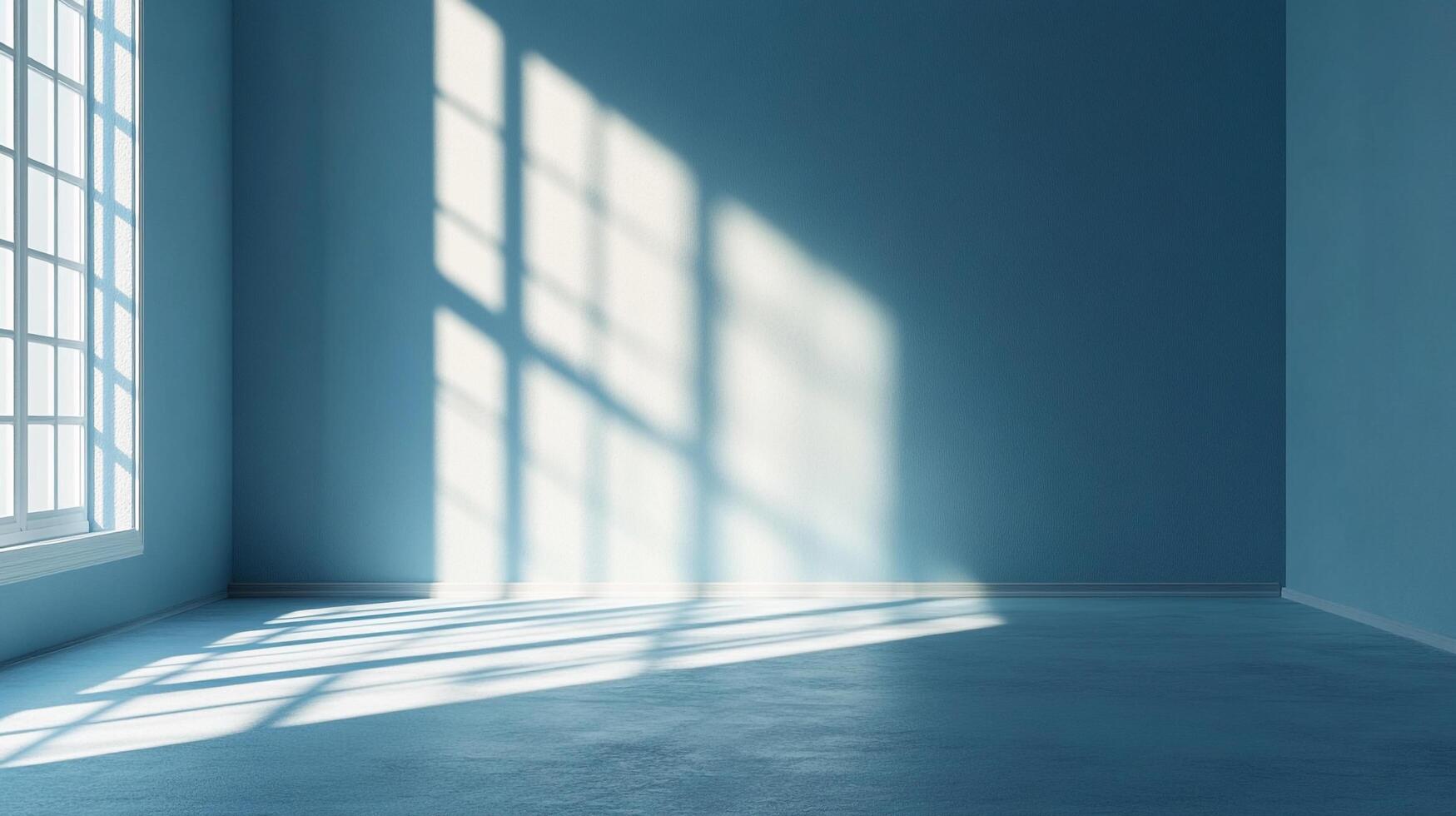 Sunlight streams through a window in a monochromatic blue room, casting shadows and highlighting the texture of the wall and floor. photo