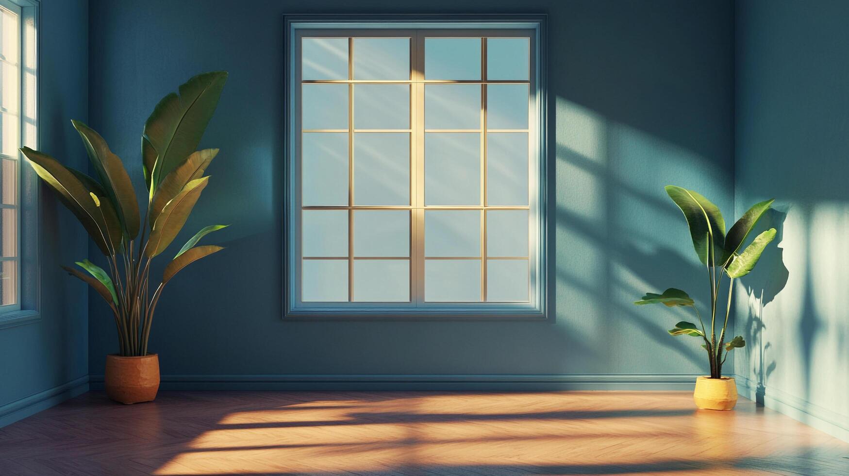 Sunlit interior scene with potted plants by the window, casting shadows on the wall. The room has a minimalist, relaxing ambiance. photo