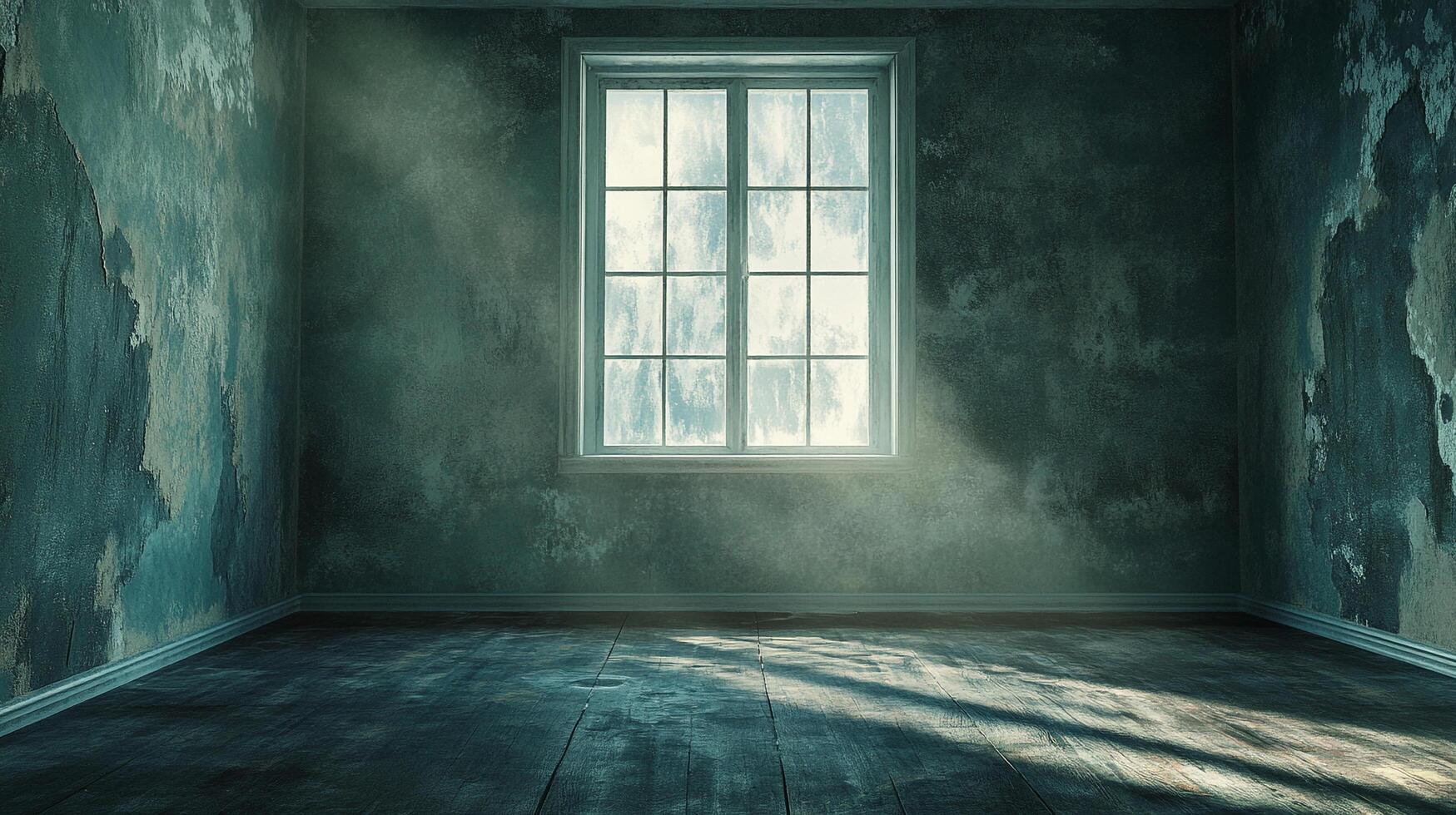 An eerie, shadowy room is illuminated by the sunlight streaming through a gridded window onto the dark wooden floor. photo