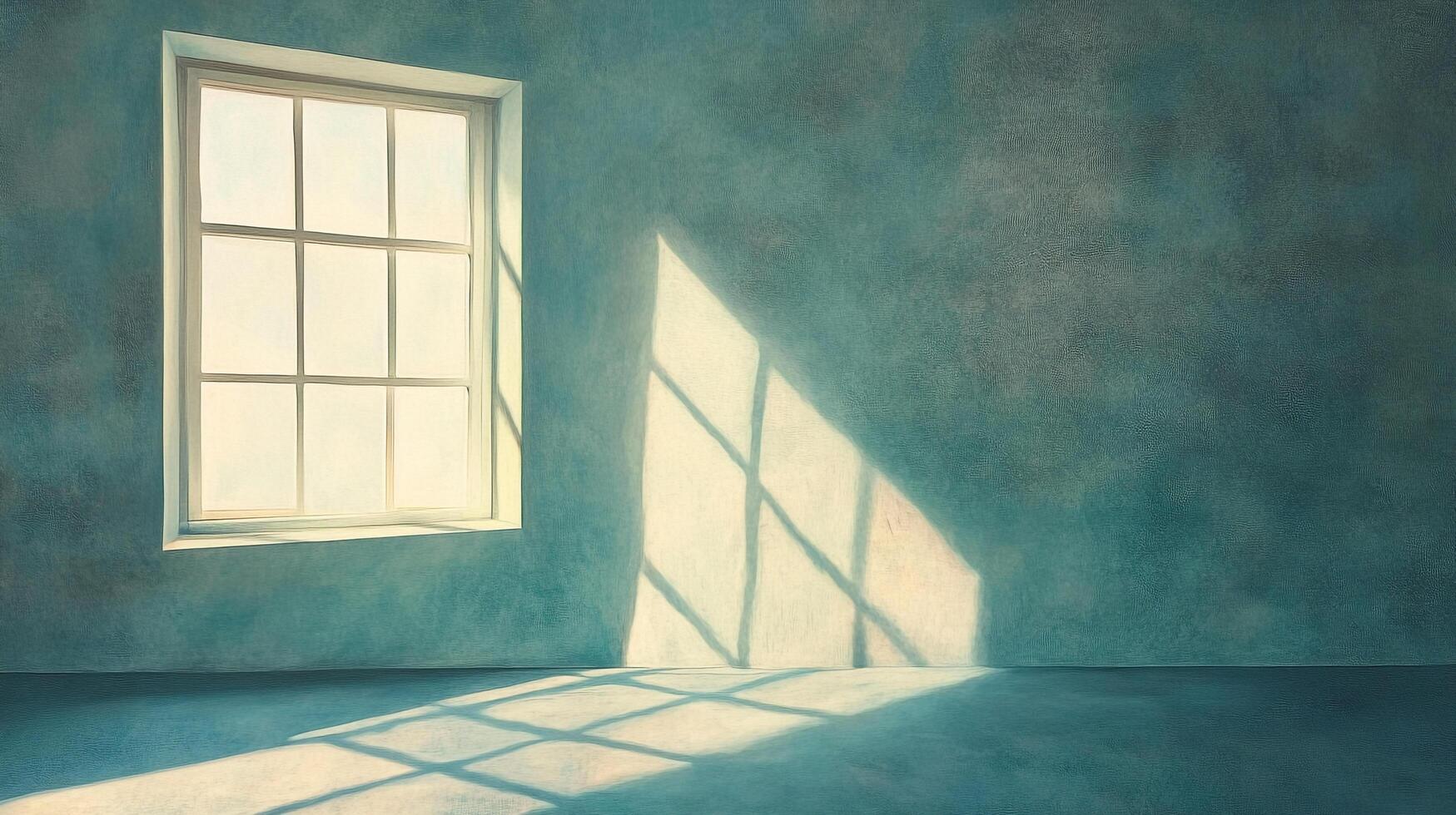 A light-filled room shows sunlight streaming in through a window, casting shadows on the wall, illuminating the empty space. photo