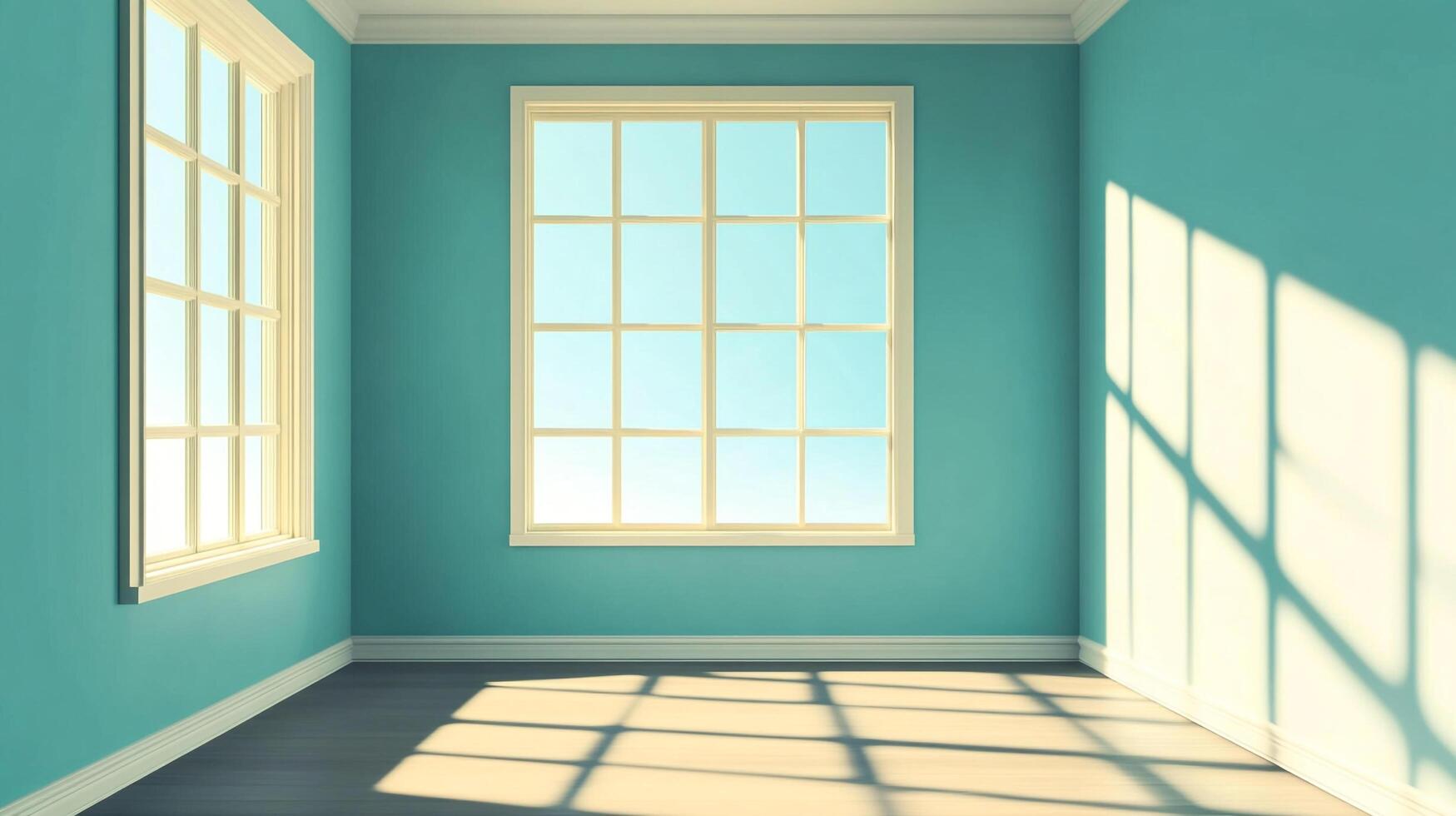 An interior shot of an empty room with two windows. The walls are a pale blue and the floor is dark gray. Sunlight streams through the windows. photo