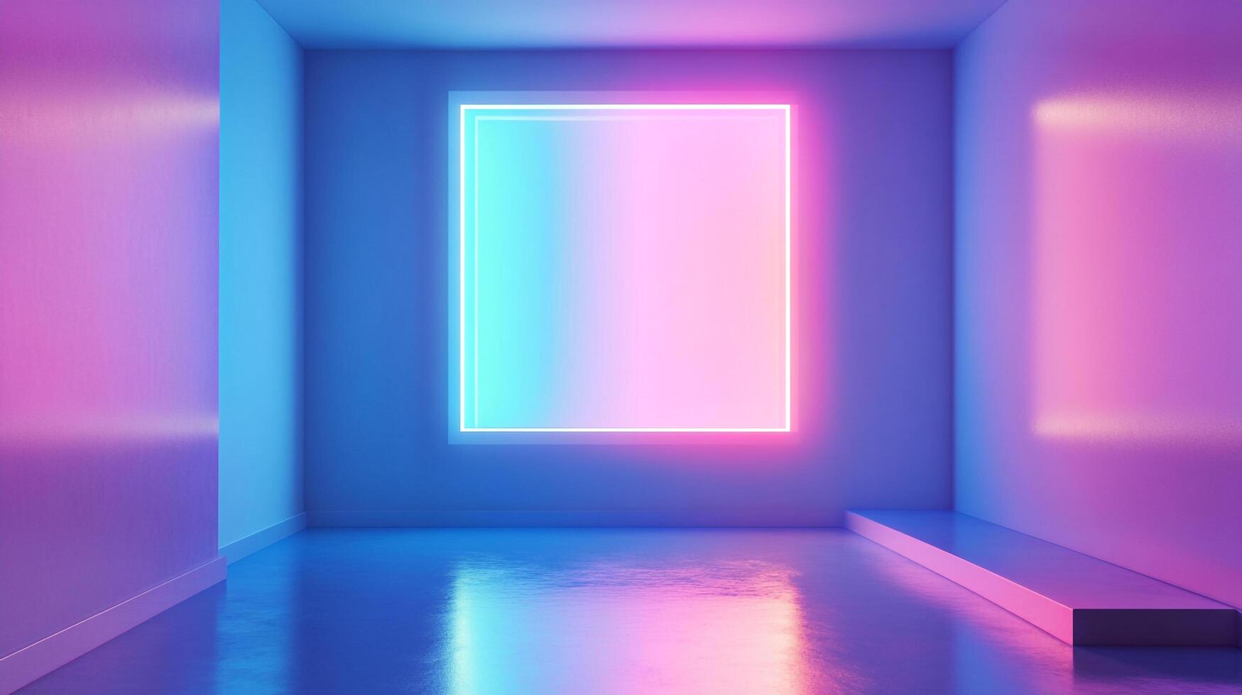 Abstract room illuminated by neon lights, creating a vibrant and futuristic atmosphere with gradients of pink, blue, and purple. photo