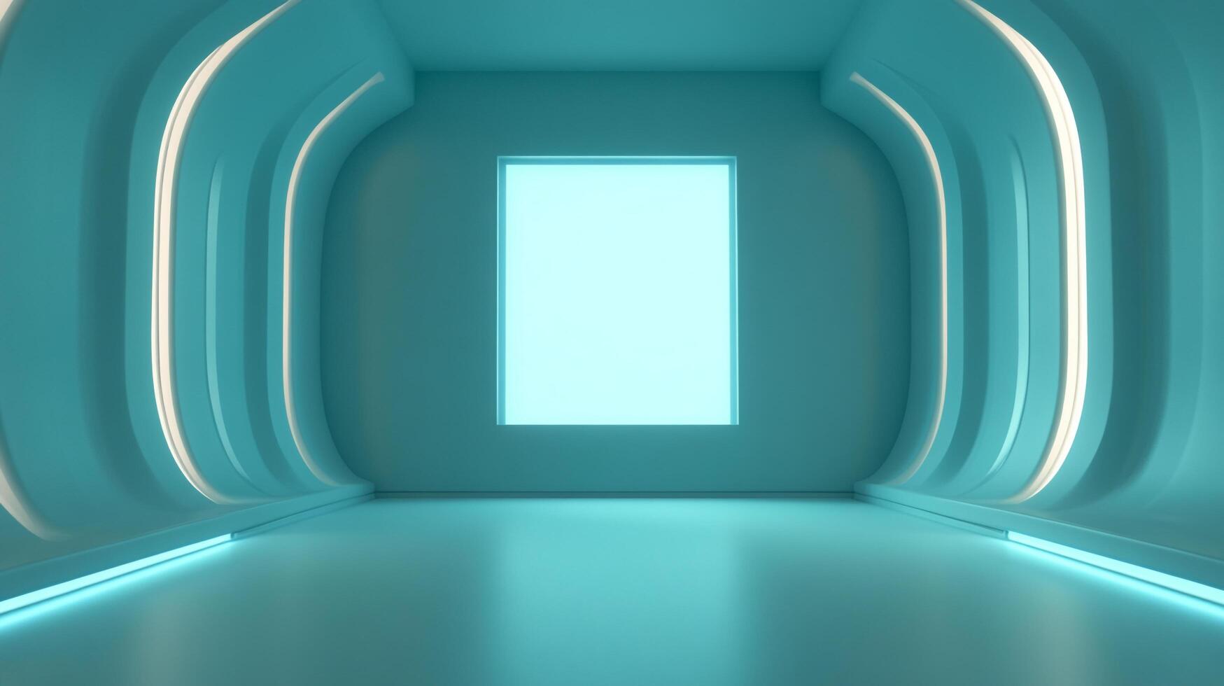 A futuristic, illuminated hallway with soft blue tones and a bright square portal, offering a glimpse into the unknown, creating a sense of mystery. photo