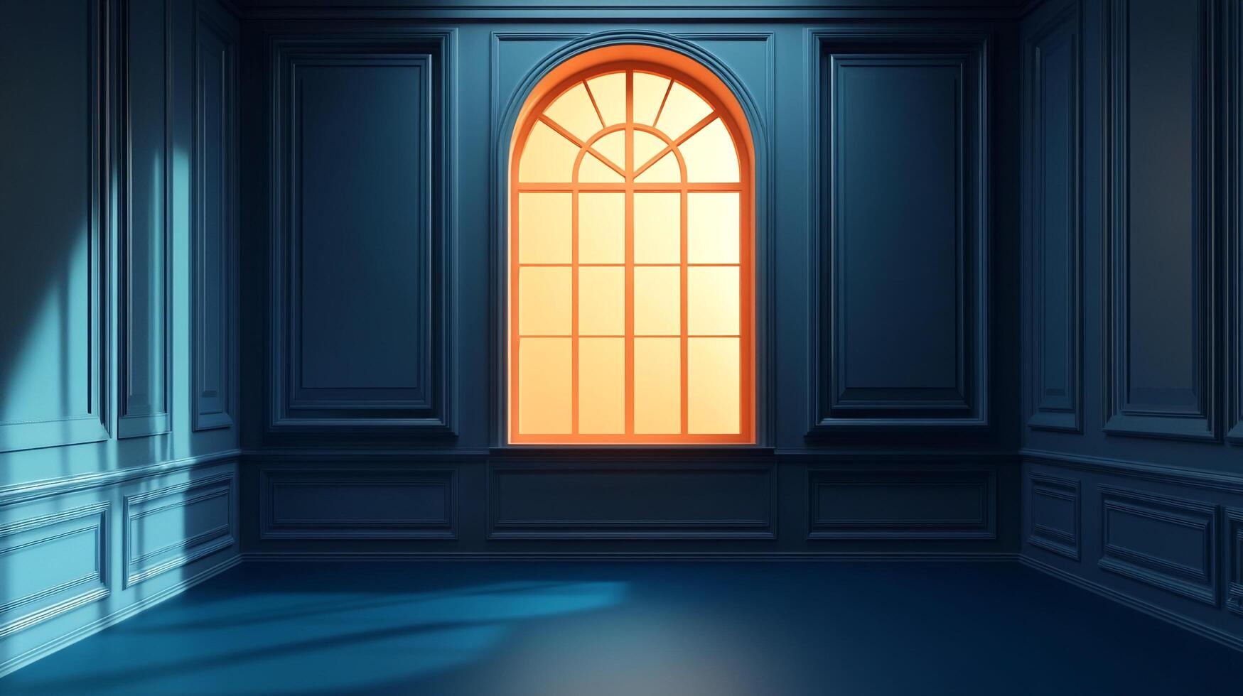 An empty blue room with detailed wall paneling is illuminated by sunlight streaming through a large arched window, creating a peaceful atmosphere. photo