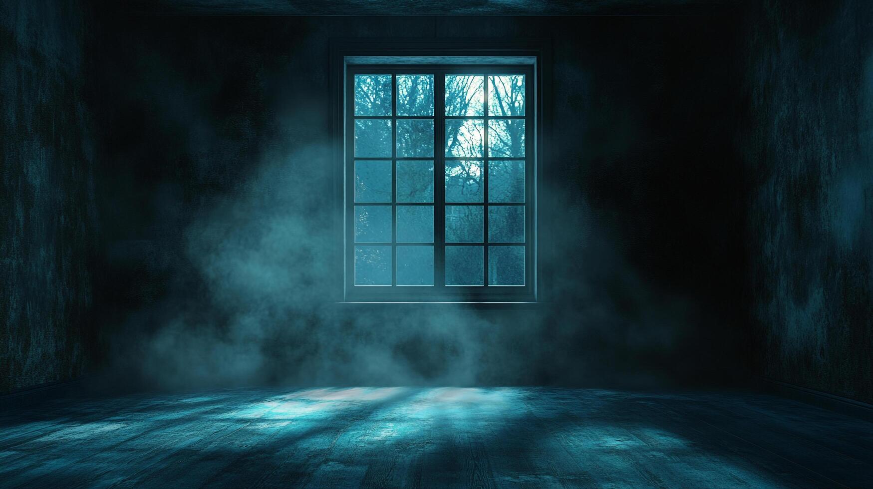 Eerie room with a window overlooking a forest at night, filled with mist. It gives off a dark and ominous feeling. photo