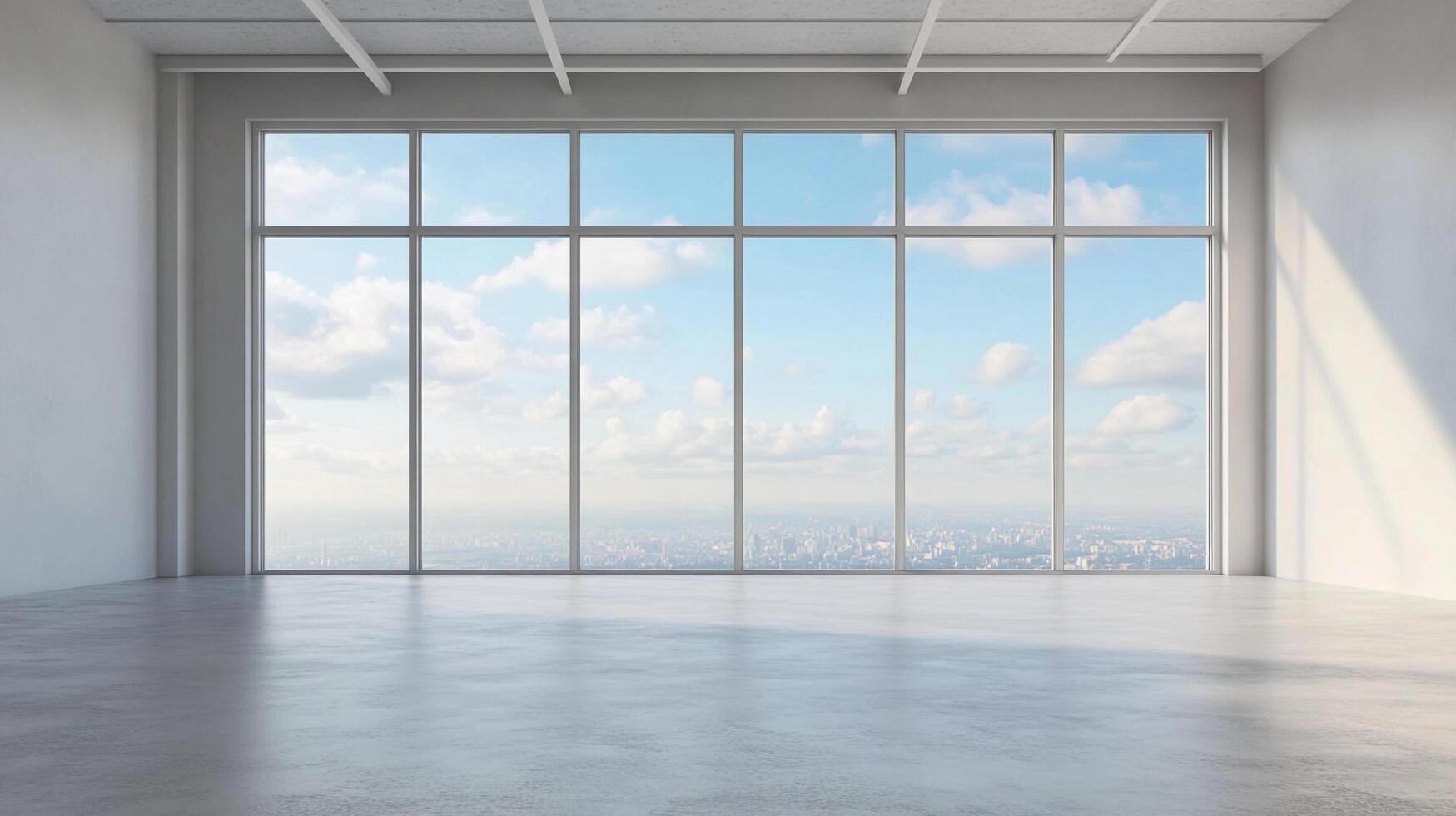 Bright, expansive room with a large window offering a city view under a blue sky with clouds, creating a sense of openness and possibility. photo