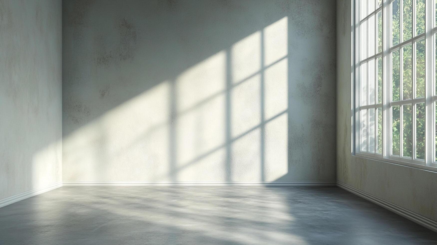 Bright light streams into a minimalist room through a window, casting geometric shadows on the wall and floor. Simple, spacious design. photo