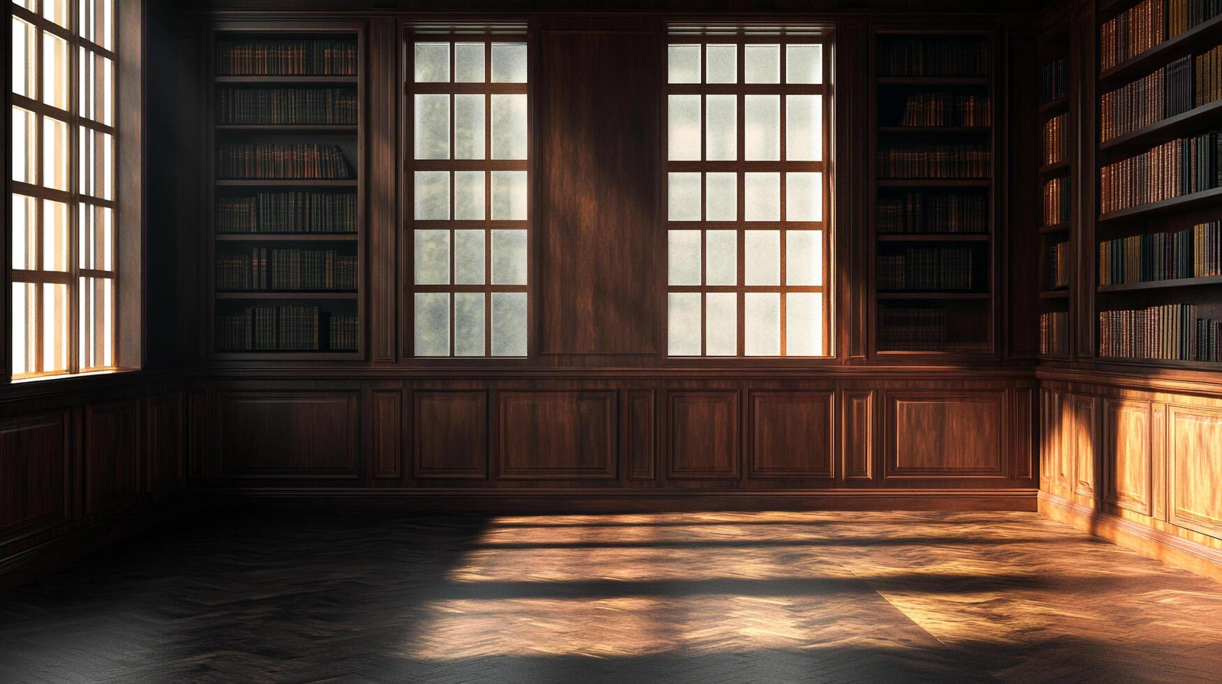 A cozy, wood-paneled library with sunlight streaming through the windows, highlighting the shelves of books and creating a peaceful atmosphere. photo