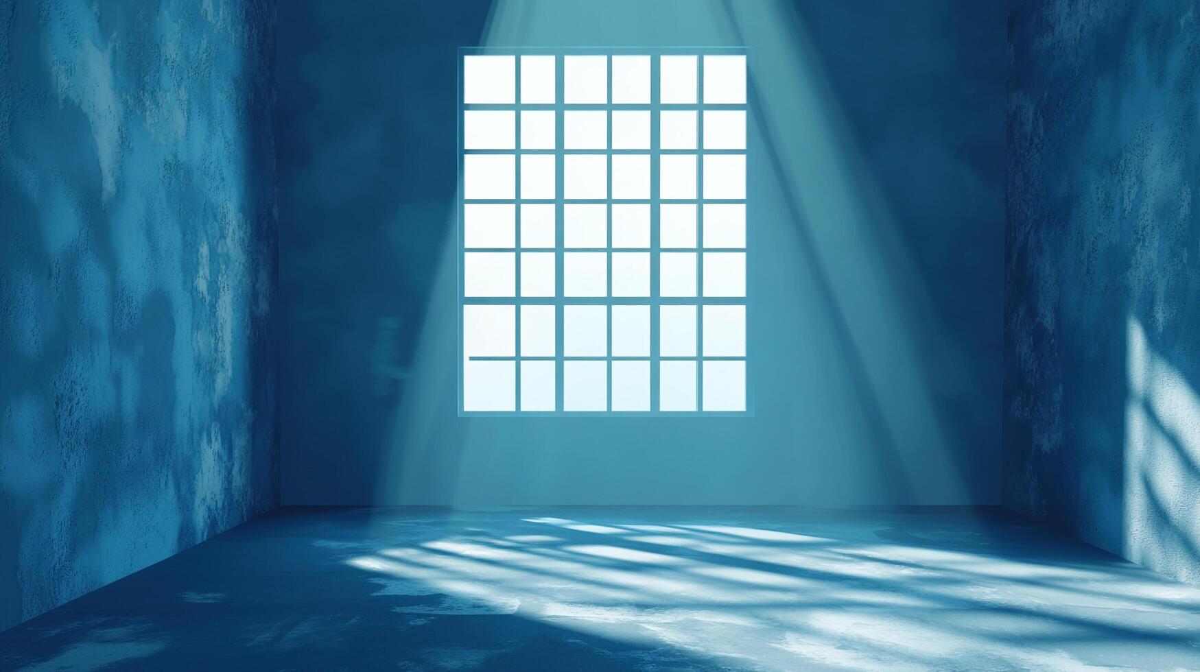 A blue room, with a large window letting in light. The floor and walls are concrete, casting a shadow of the window pattern in the room. photo