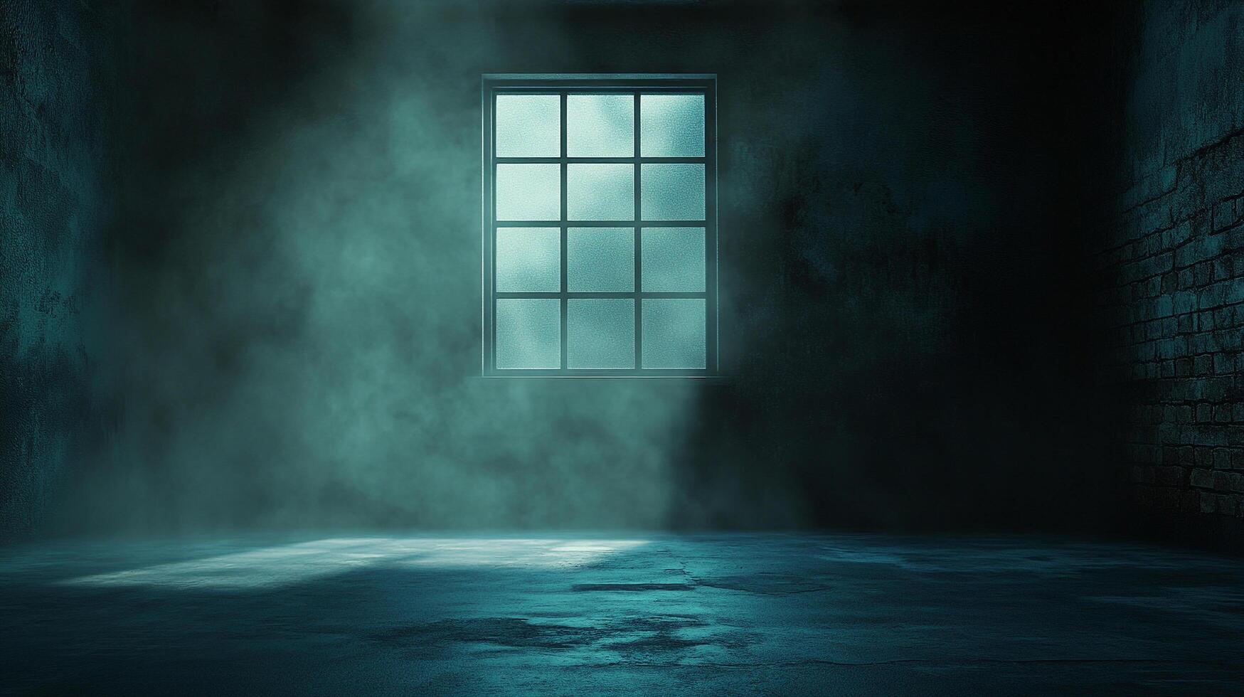 Eerie scene with a gridded window in a concrete room, filled with atmospheric smoke and light. Gloomy atmosphere evokes mystery and suspense. photo
