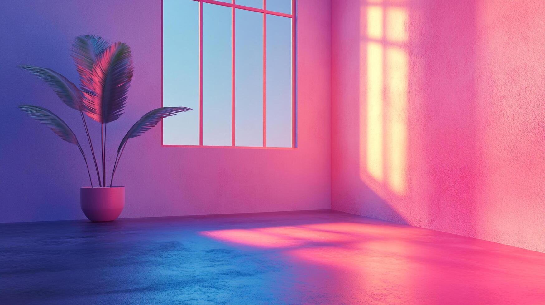 A plant sits bathed in vibrant purple and pink hues inside an empty room, sunlight streaming in from the window and casting a warm glow. photo