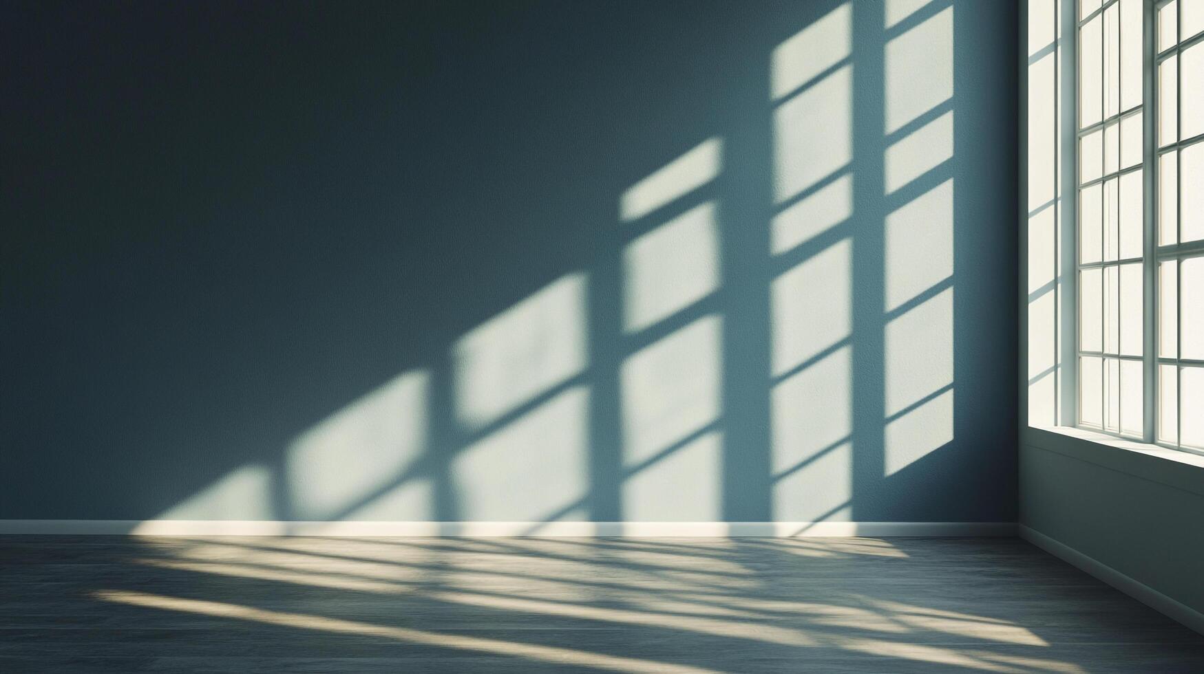Sunlight streams through a window, casting geometric shadows on a muted blue wall and wooden floor, creating contrast and ambiance in the space. photo
