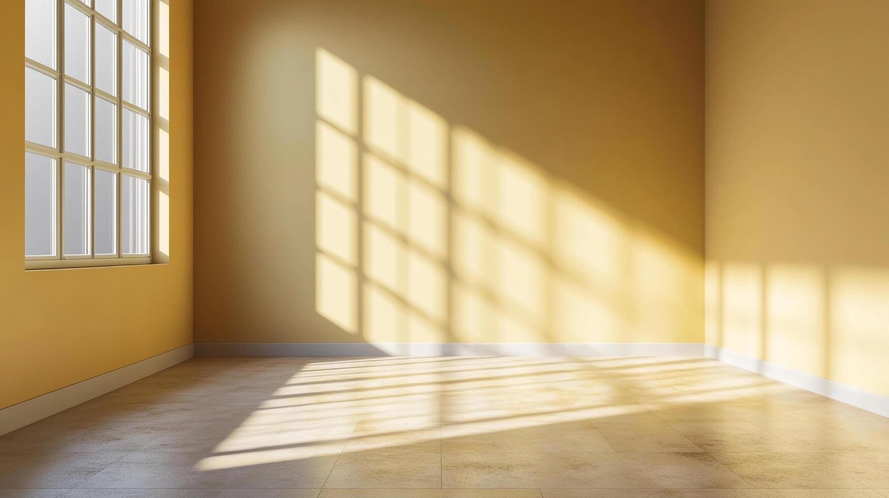 Sunlight streams through a window into an empty room, casting a grid of light and shadow across the wall and floor. photo