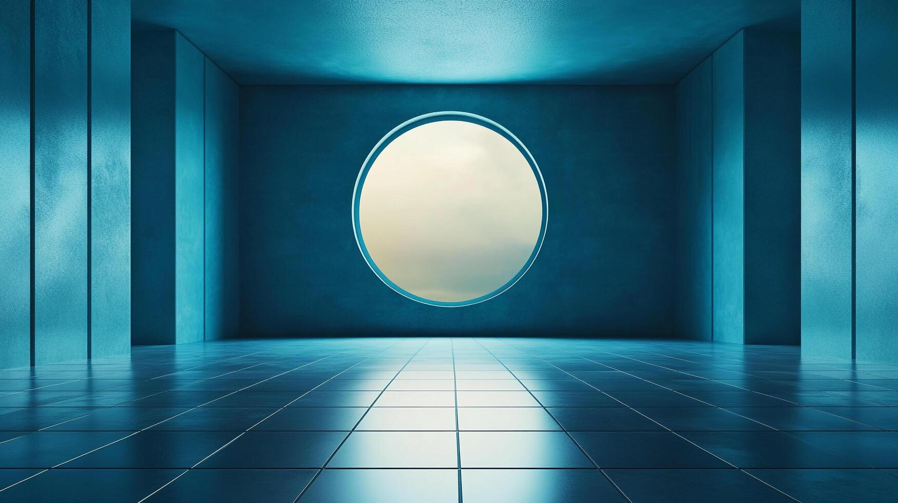 Monochromatic teal room with geometric shapes, a circular window, and reflective tile flooring creating a modern, futuristic design. photo