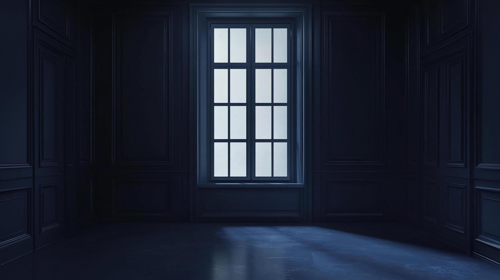A moody, dark room featuring panelled walls and a large window letting in faint light, creating a serene yet somber atmosphere. photo