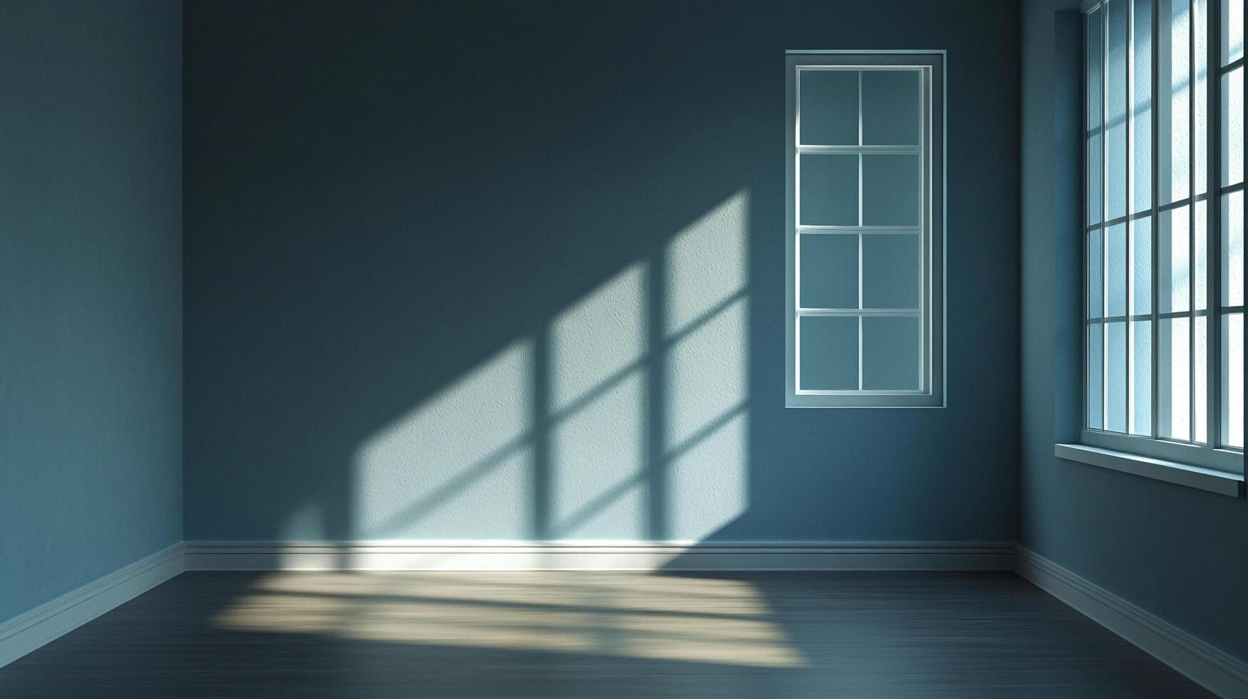 Sunlight streams into an empty blue room through white framed windows casting shadows on the wall and floor, creating a serene atmosphere. photo