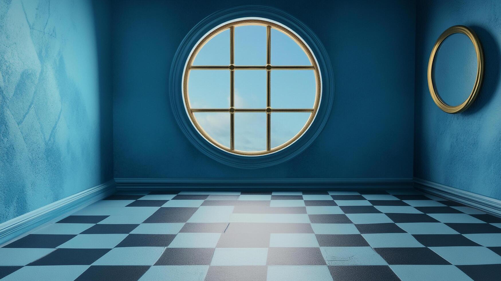 A blue room features a round window looking out to a bright sky, complemented by a checkerboard floor and round mirror, creating a serene space. photo