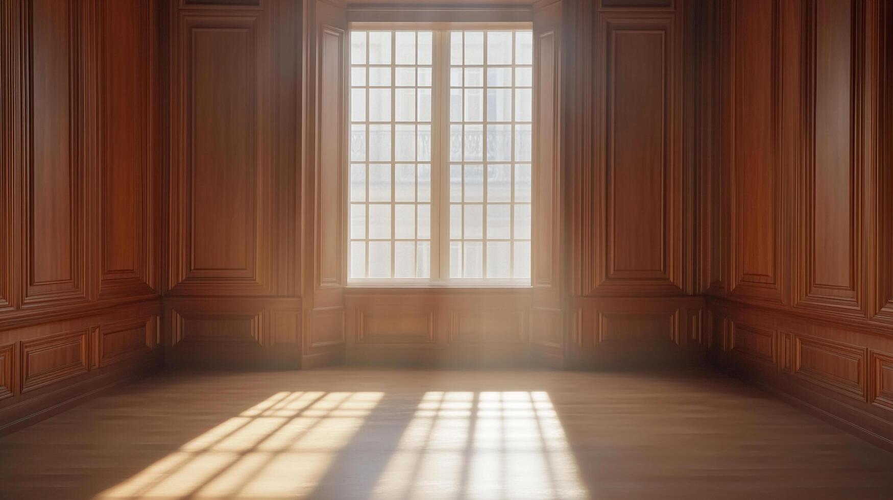 Sunlit empty room with wooden paneling walls and hardwood floors, showcasing architectural detail and inviting ambiance. photo