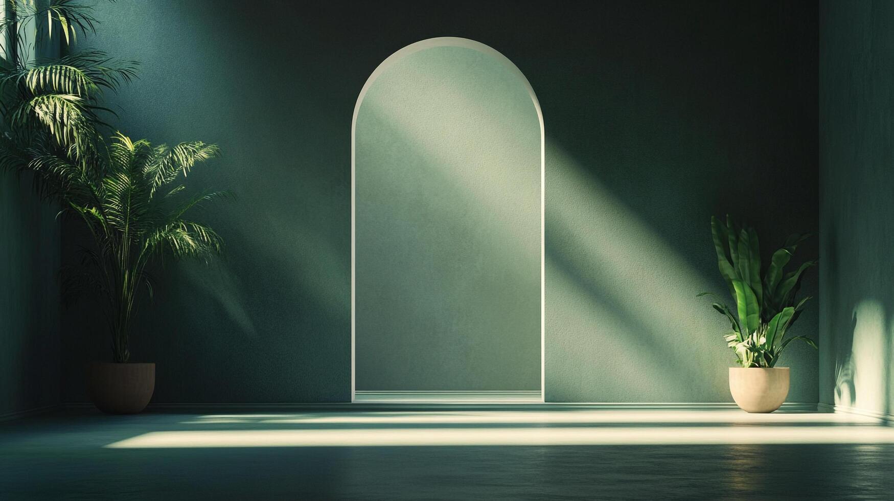 Indoor archway with potted plants, bathed in sunlight casting sharp shadows, creating a serene and modern atmosphere. photo