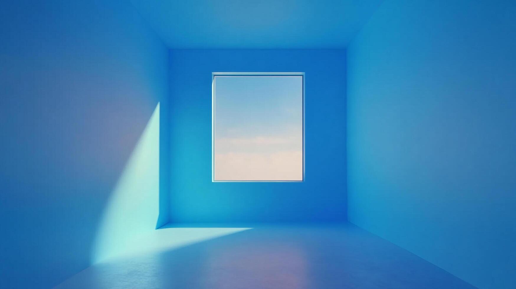 Minimalist blue room with a single window framing the sky, bathed in sunlight creating a tranquil and serene atmosphere. photo