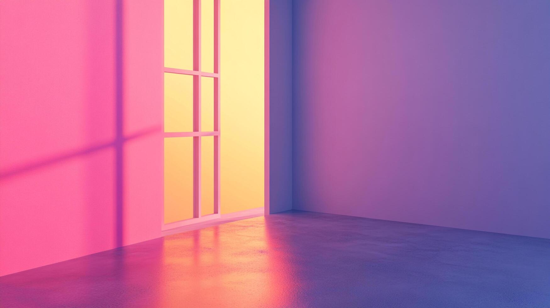 Sunlit corner of a room with pink and purple walls, a window casting shadows. Soft, gradient colors create a tranquil atmosphere. photo