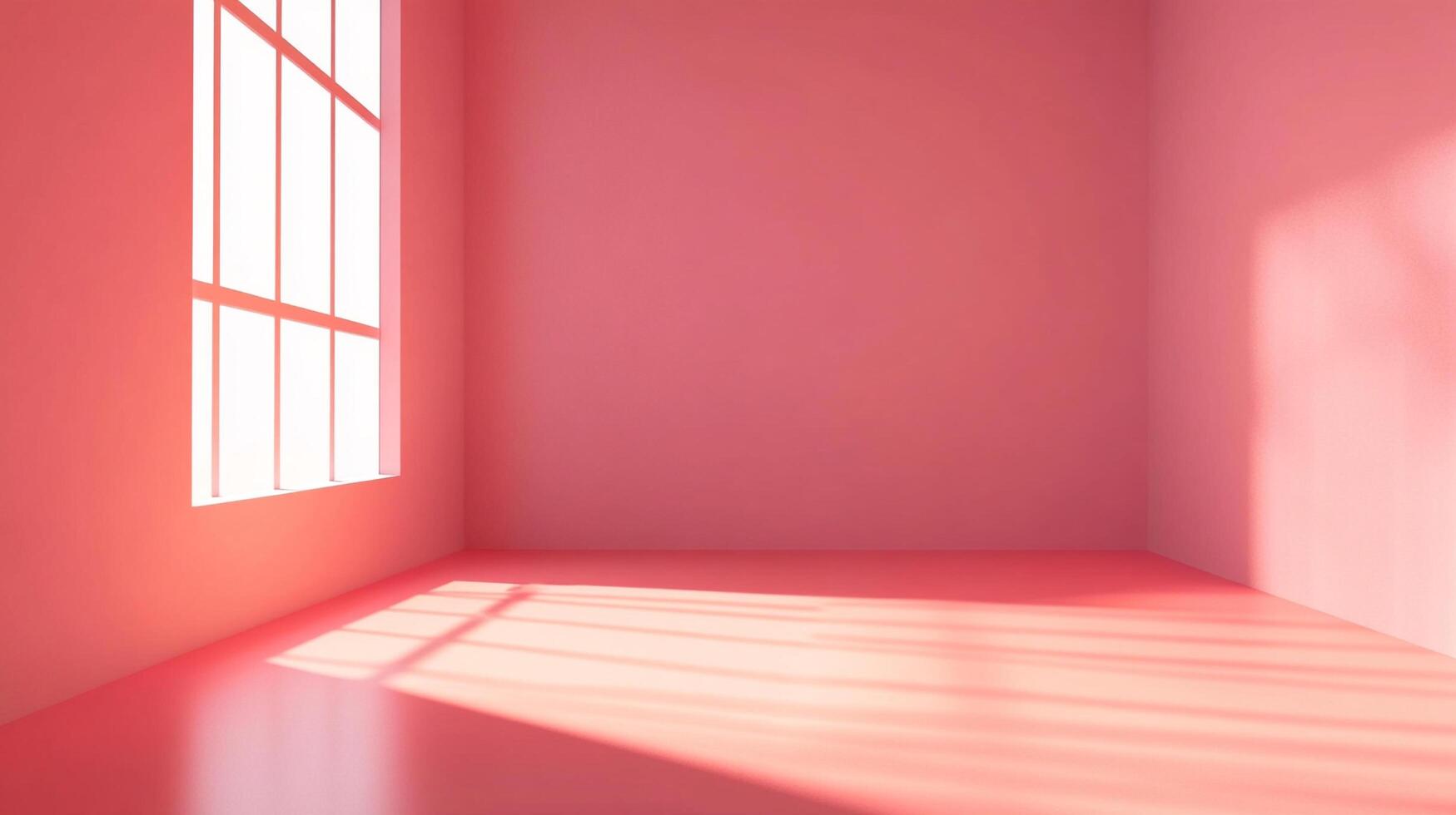 A vacant room bathed in coral-pink hues. Sunlight streams through a window, creating shadows and highlighting the minimalist space. photo