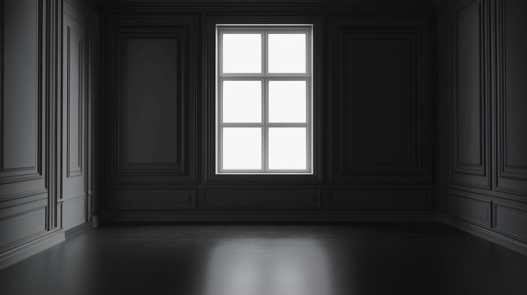 A dark, elegant room featuring paneled walls, a shiny floor, and a bright window that lets in a soft, natural light. photo