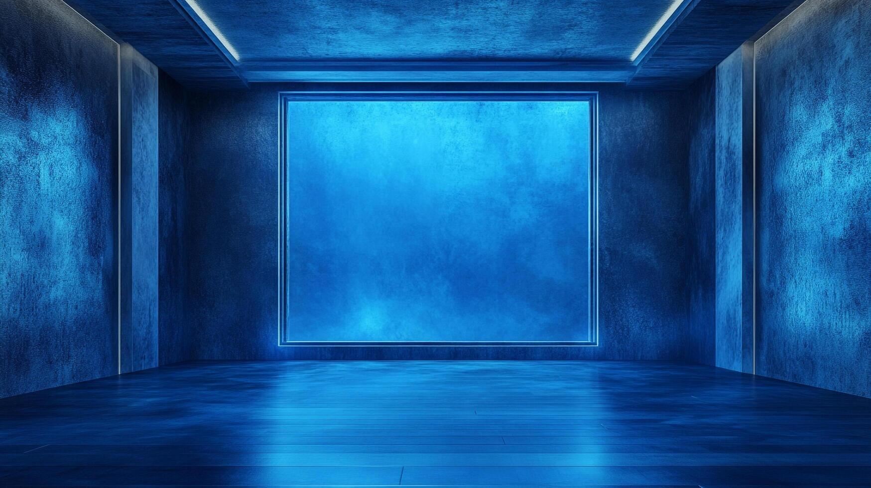 Minimalist blue room with large illuminated window evokes serenity and modern design. Concrete textures and cool tones create a calming space. photo