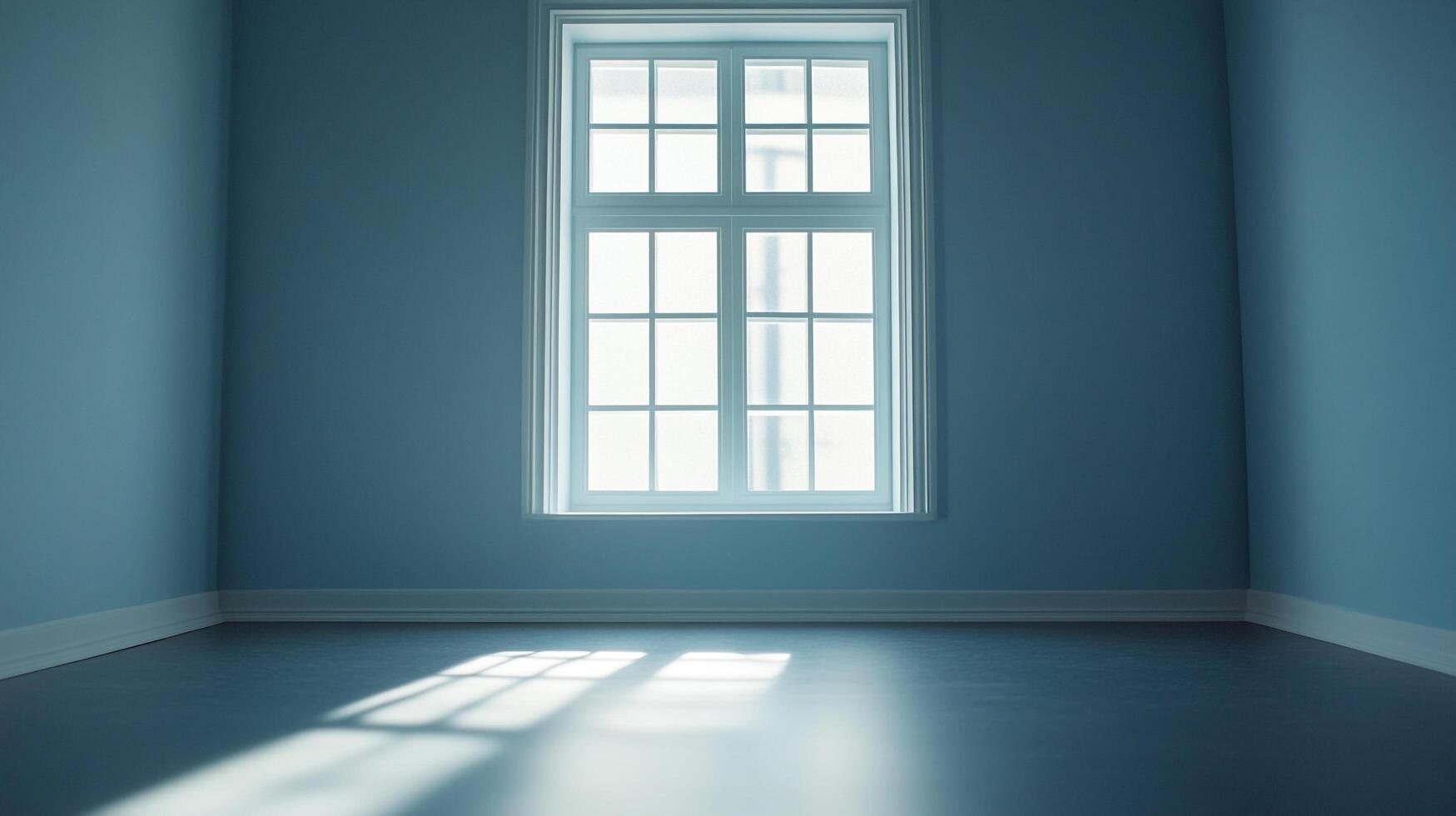 A minimalist room with bluish-gray walls and a large window letting in bright light, creating shadows on the shiny floor in an interior. photo