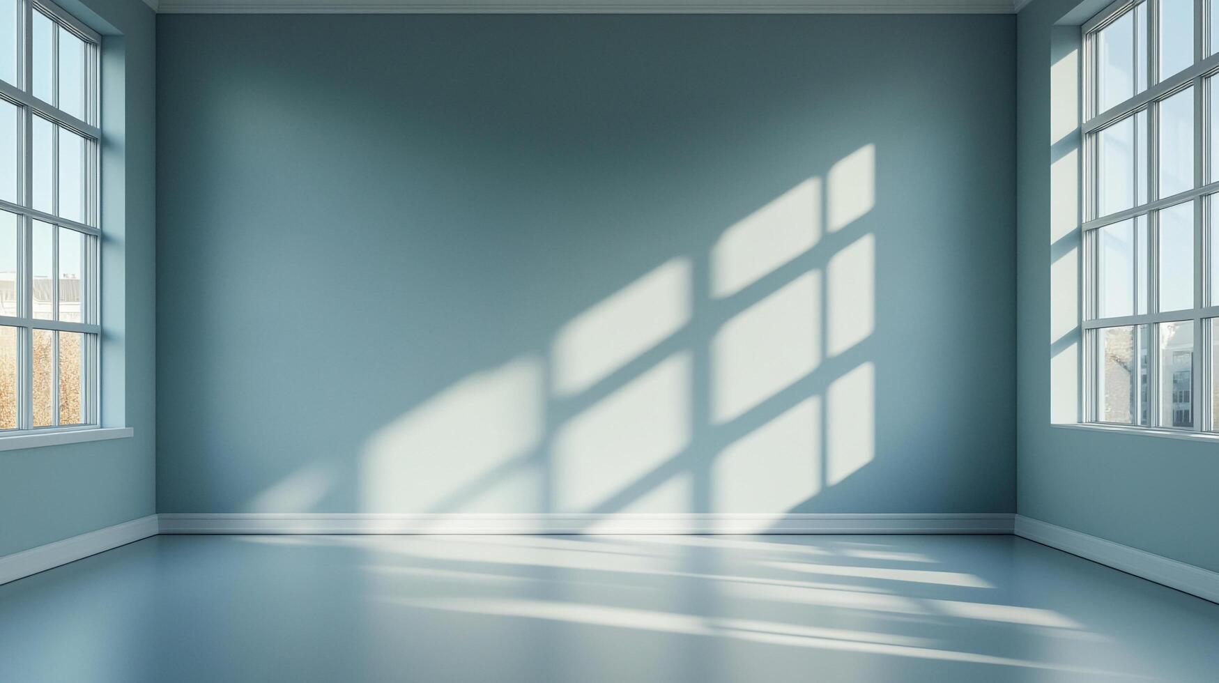 A spacious empty room with a blue wall and large windows with sunlight coming through. Great for showcasing furniture or home decor. photo