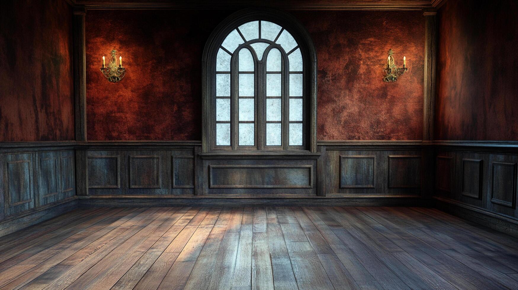 An ornate room featuring deep red textured walls, dark wood flooring, a large arched window, and elegant sconces, creating a rich ambiance. photo
